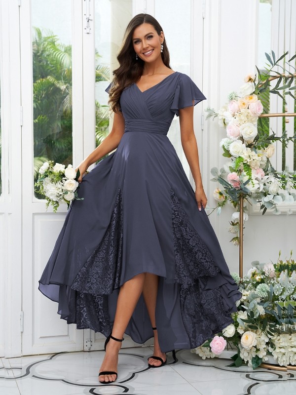 A-Line/Princess Chiffon Lace V-neck Short Sleeves Asymmetrical Bridesmaid Dresses 2151