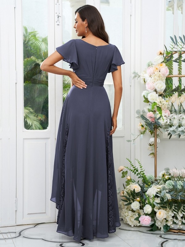 A-Line/Princess Chiffon Lace V-neck Short Sleeves Asymmetrical Bridesmaid Dresses 2151