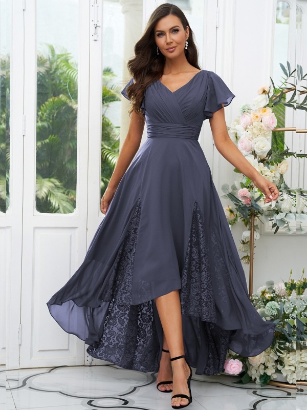 A-Line/Princess Chiffon Lace V-neck Short Sleeves Asymmetrical Bridesmaid Dresses 2151