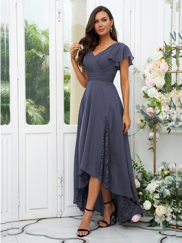 A-Line/Princess Chiffon Lace V-neck Short Sleeves Asymmetrical Bridesmaid Dresses 2151