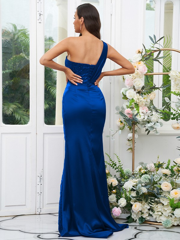 Sheath/Column Elastic Woven Satin Sequin One-Shoulder Sleeveless Sweep/Brush Train Bridesmaid Dresses 2939