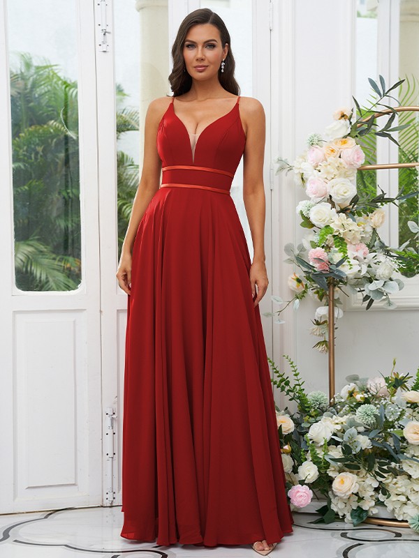 A-Line/Princess Chiffon Ruffles V-neck Sleeveless Floor-Length Bridesmaid Dresses 2239