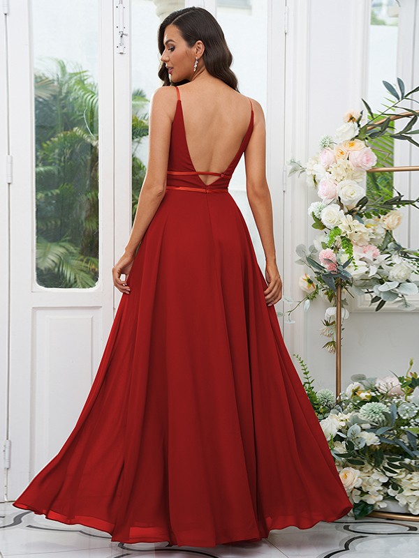 A-Line/Princess Chiffon Ruffles V-neck Sleeveless Floor-Length Bridesmaid Dresses 2239