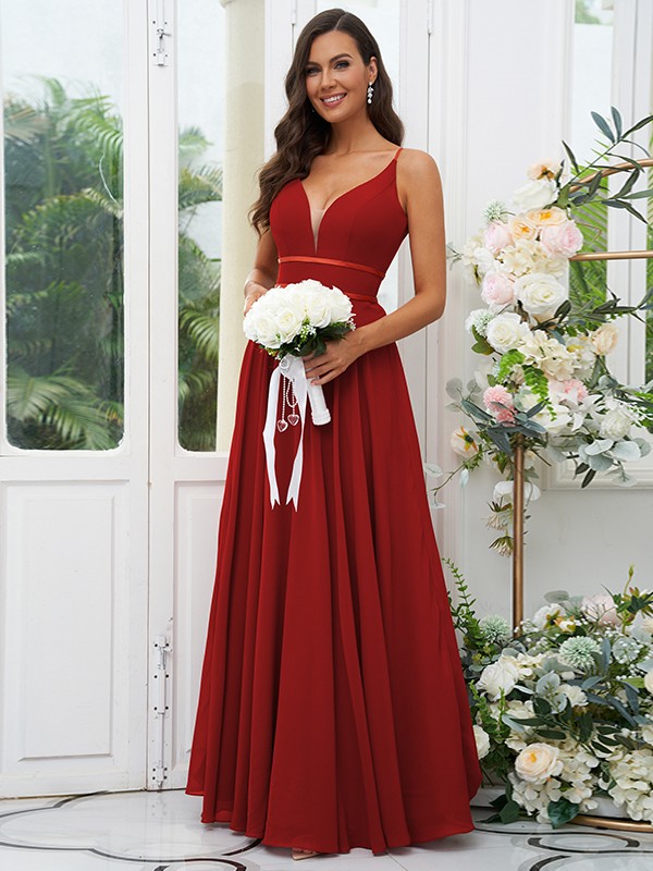 A-Line/Princess Chiffon Ruffles V-neck Sleeveless Floor-Length Bridesmaid Dresses 2239