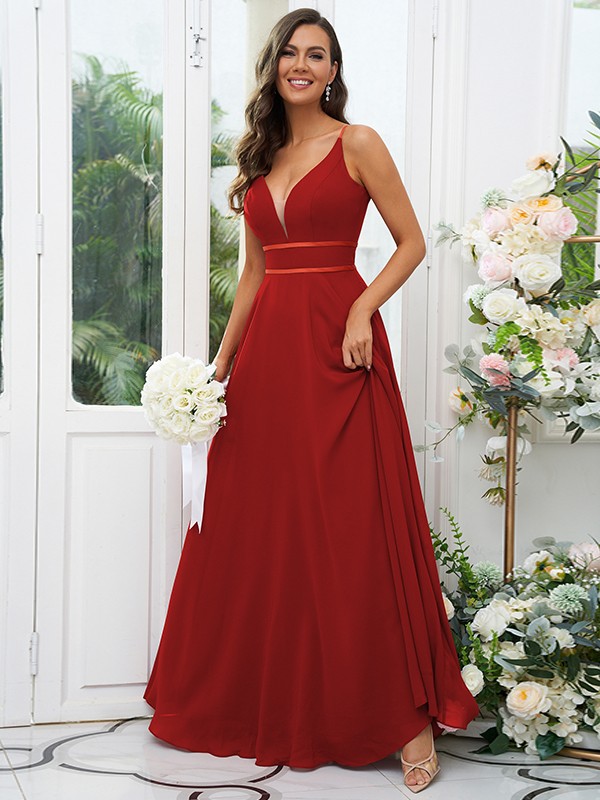 A-Line/Princess Chiffon Ruffles V-neck Sleeveless Floor-Length Bridesmaid Dresses 2239