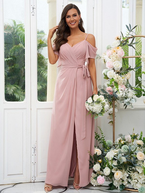 A-Line/Princess Chiffon Ruched V-neck Short Sleeves Floor-Length Bridesmaid Dresses 2171