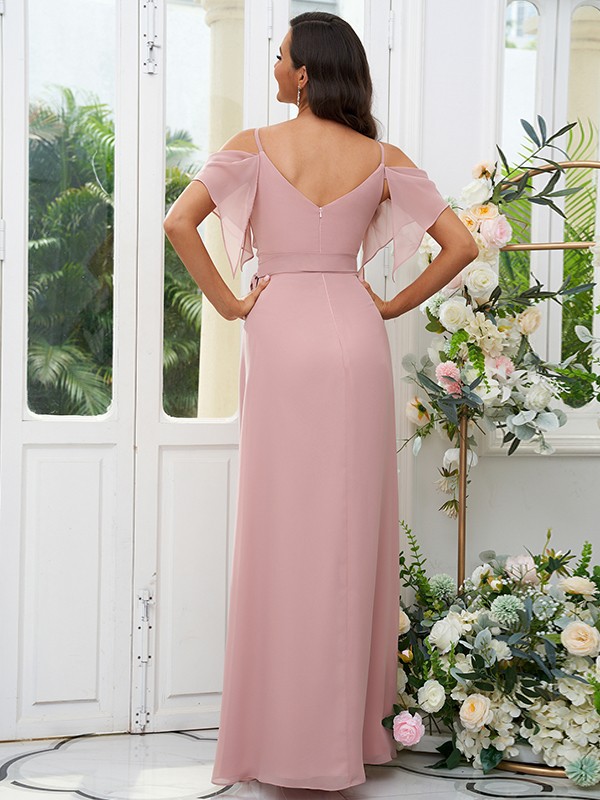 A-Line/Princess Chiffon Ruched V-neck Short Sleeves Floor-Length Bridesmaid Dresses 2171