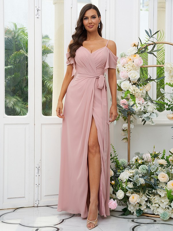 A-Line/Princess Chiffon Ruched V-neck Short Sleeves Floor-Length Bridesmaid Dresses 2171