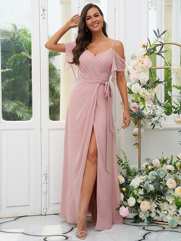 A-Line/Princess Chiffon Ruched V-neck Short Sleeves Floor-Length Bridesmaid Dresses 2171