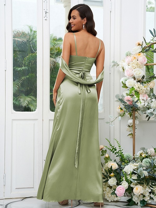 A-Line/Princess Silk like Satin Ruched V-neck Sleeveless Floor-Length Bridesmaid Dresses 2477