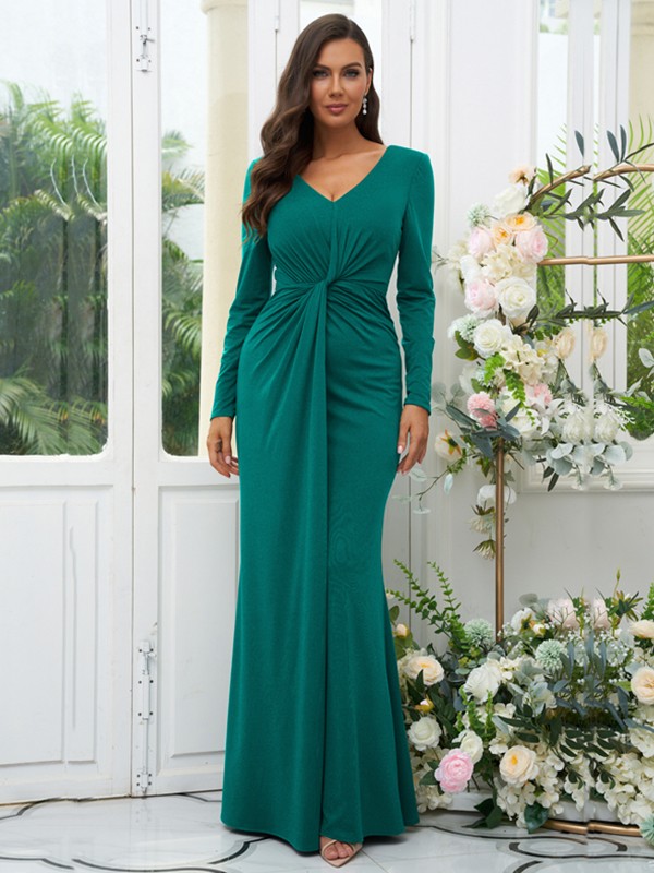 Sheath/Column Jersey Ruched V-neck Long Sleeves Floor-Length Bridesmaid Dresses 2966