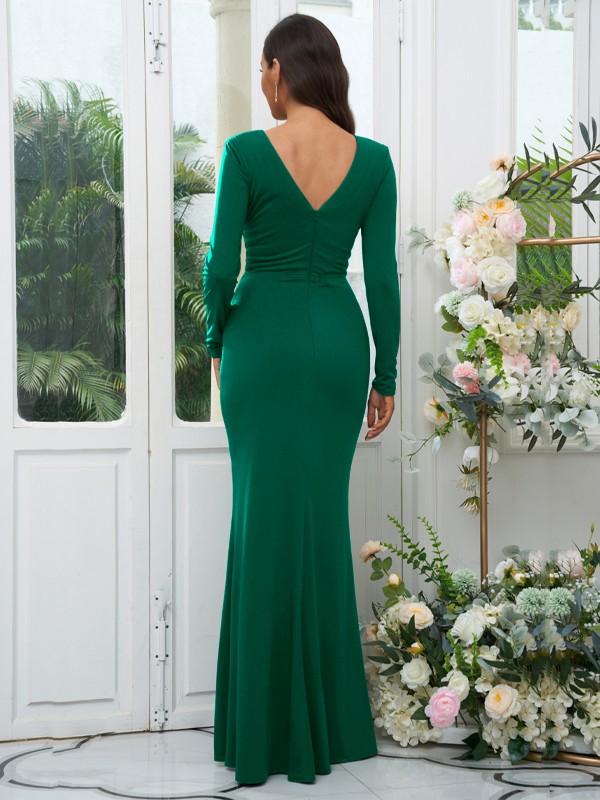 Sheath/Column Jersey Ruched V-neck Long Sleeves Floor-Length Bridesmaid Dresses 2966