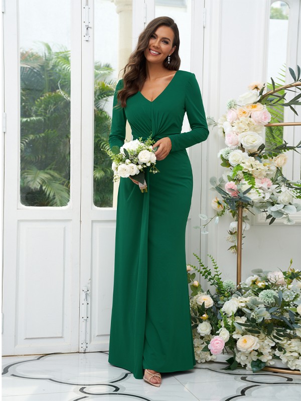 Sheath/Column Jersey Ruched V-neck Long Sleeves Floor-Length Bridesmaid Dresses 2966