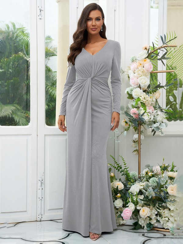 Sheath/Column Jersey Ruched V-neck Long Sleeves Floor-Length Bridesmaid Dresses 2966