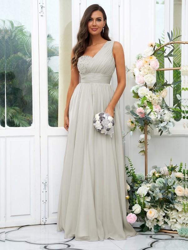 A-Line/Princess 30D Chiffon Sequin One-Shoulder Sleeveless Floor-Length Bridesmaid Dresses 2091