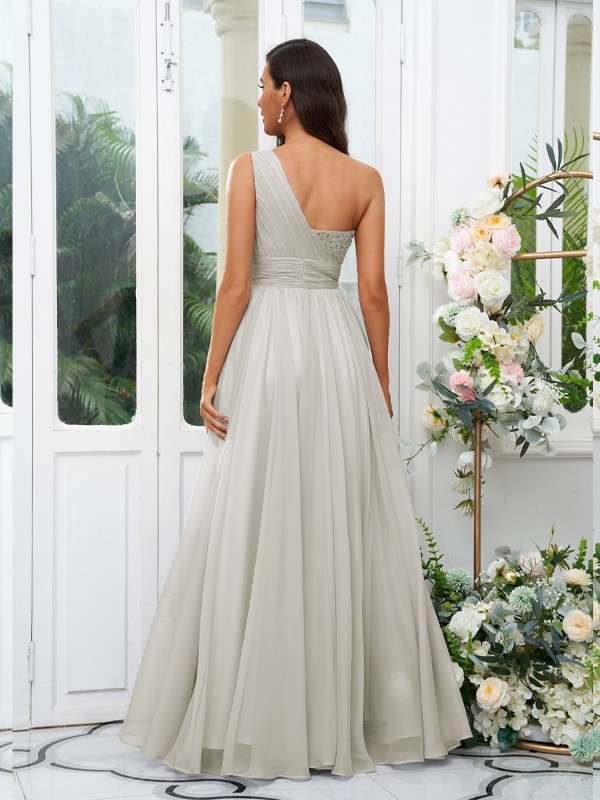 A-Line/Princess 30D Chiffon Sequin One-Shoulder Sleeveless Floor-Length Bridesmaid Dresses 2091