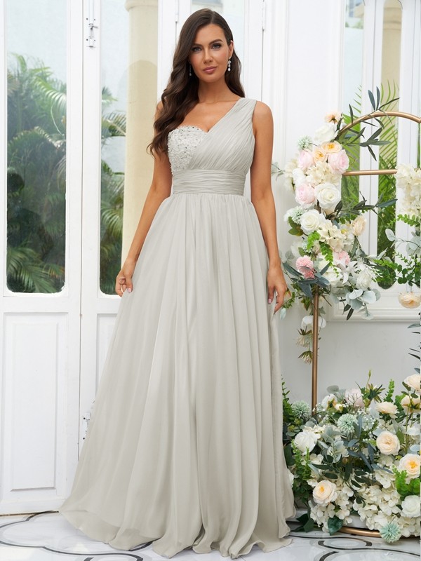 A-Line/Princess 30D Chiffon Sequin One-Shoulder Sleeveless Floor-Length Bridesmaid Dresses 2091