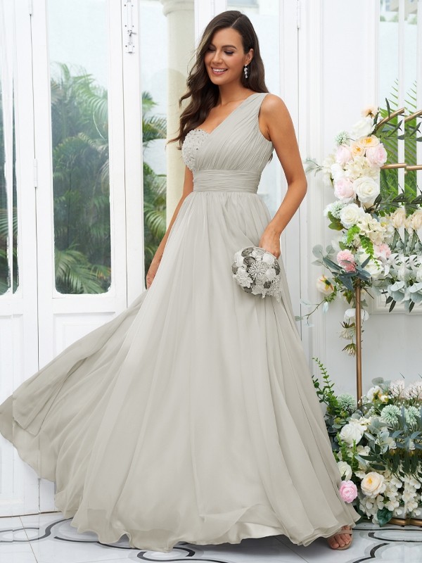 A-Line/Princess 30D Chiffon Sequin One-Shoulder Sleeveless Floor-Length Bridesmaid Dresses 2091