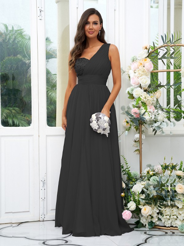 A-Line/Princess 30D Chiffon Sequin One-Shoulder Sleeveless Floor-Length Bridesmaid Dresses 2091