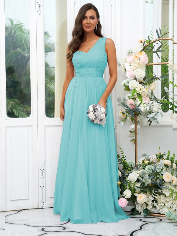 A-Line/Princess 30D Chiffon Sequin One-Shoulder Sleeveless Floor-Length Bridesmaid Dresses 2091