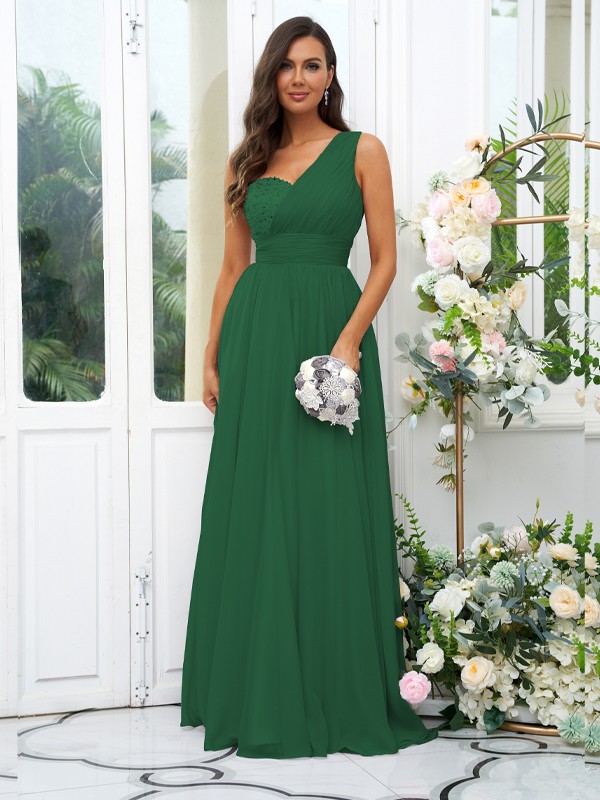 A-Line/Princess 30D Chiffon Sequin One-Shoulder Sleeveless Floor-Length Bridesmaid Dresses 2091