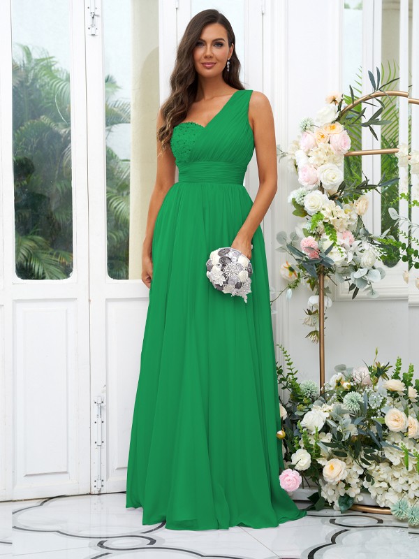 A-Line/Princess 30D Chiffon Sequin One-Shoulder Sleeveless Floor-Length Bridesmaid Dresses 2091