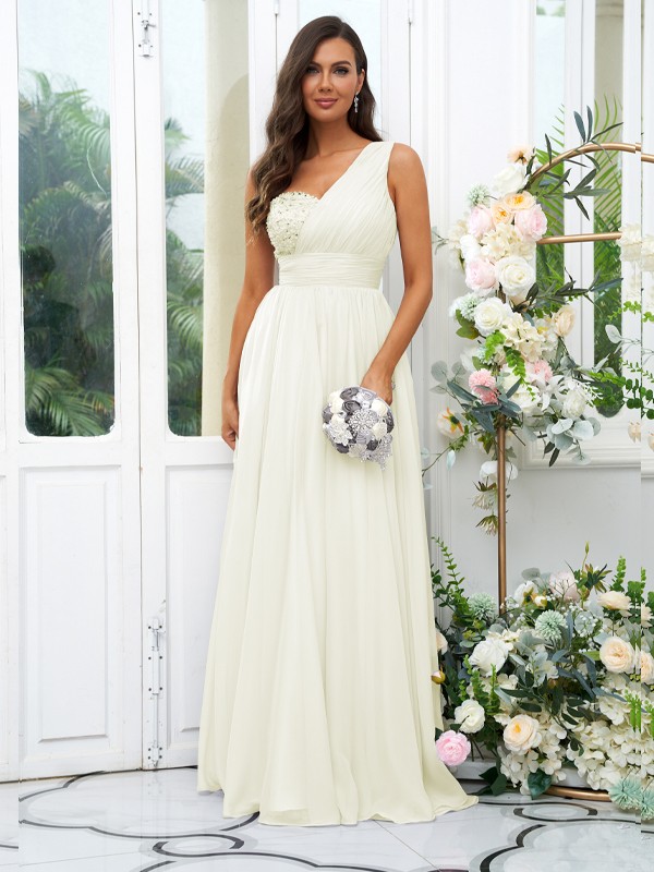 A-Line/Princess 30D Chiffon Sequin One-Shoulder Sleeveless Floor-Length Bridesmaid Dresses 2091