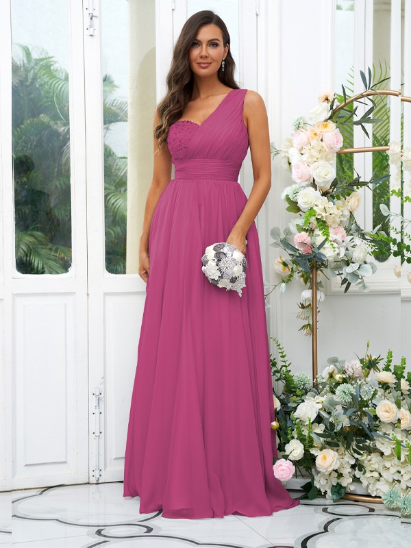 A-Line/Princess 30D Chiffon Sequin One-Shoulder Sleeveless Floor-Length Bridesmaid Dresses 2091