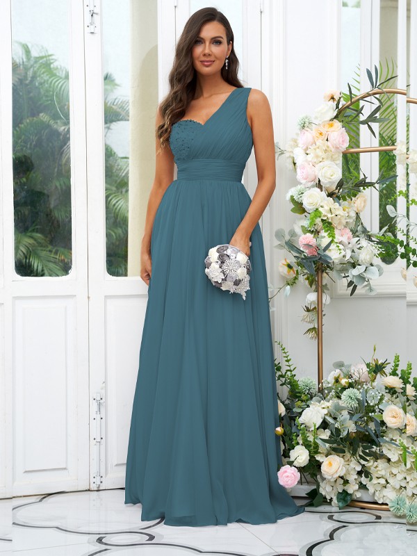 A-Line/Princess 30D Chiffon Sequin One-Shoulder Sleeveless Floor-Length Bridesmaid Dresses 2091