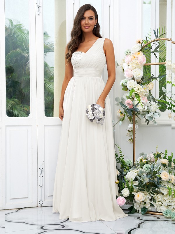 A-Line/Princess 30D Chiffon Sequin One-Shoulder Sleeveless Floor-Length Bridesmaid Dresses 2091