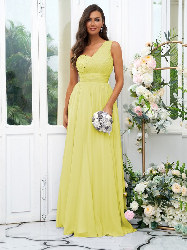 A-Line/Princess 30D Chiffon Sequin One-Shoulder Sleeveless Floor-Length Bridesmaid Dresses 2091