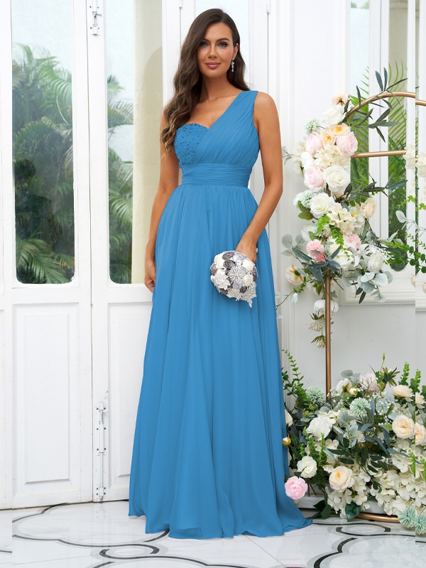 A-Line/Princess 30D Chiffon Sequin One-Shoulder Sleeveless Floor-Length Bridesmaid Dresses 2091