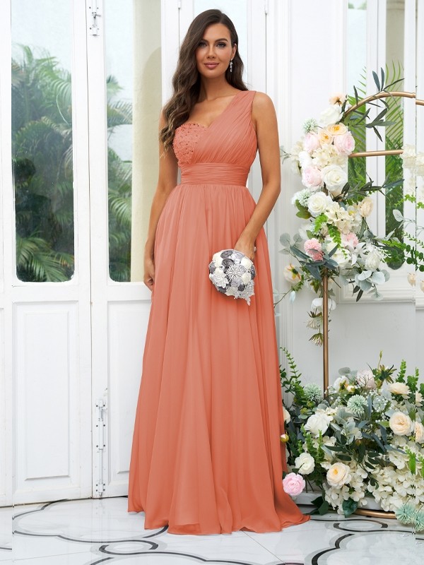 A-Line/Princess 30D Chiffon Sequin One-Shoulder Sleeveless Floor-Length Bridesmaid Dresses 2091