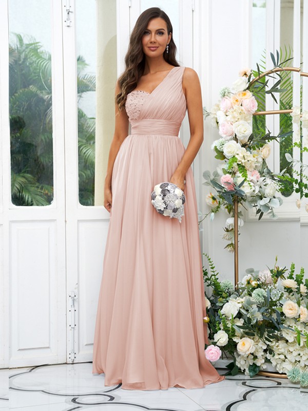 A-Line/Princess 30D Chiffon Sequin One-Shoulder Sleeveless Floor-Length Bridesmaid Dresses 2091