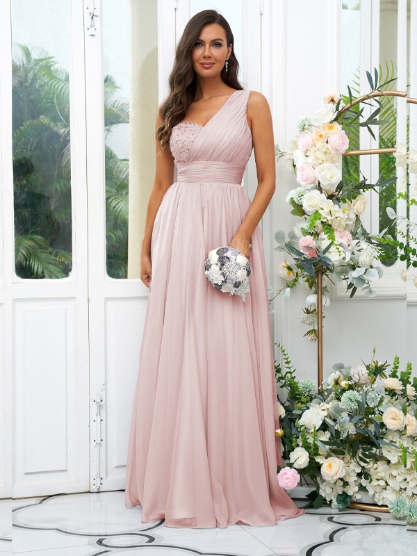 A-Line/Princess 30D Chiffon Sequin One-Shoulder Sleeveless Floor-Length Bridesmaid Dresses 2091