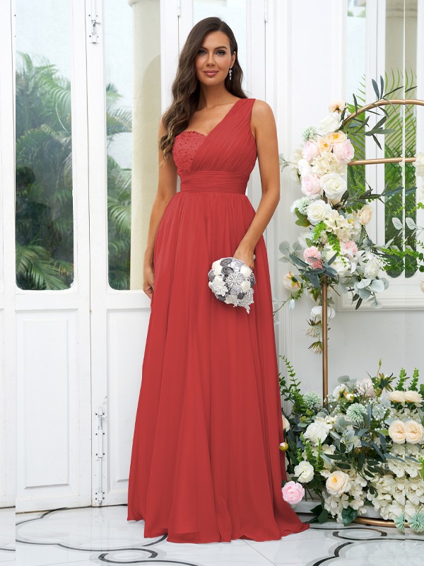 A-Line/Princess 30D Chiffon Sequin One-Shoulder Sleeveless Floor-Length Bridesmaid Dresses 2091