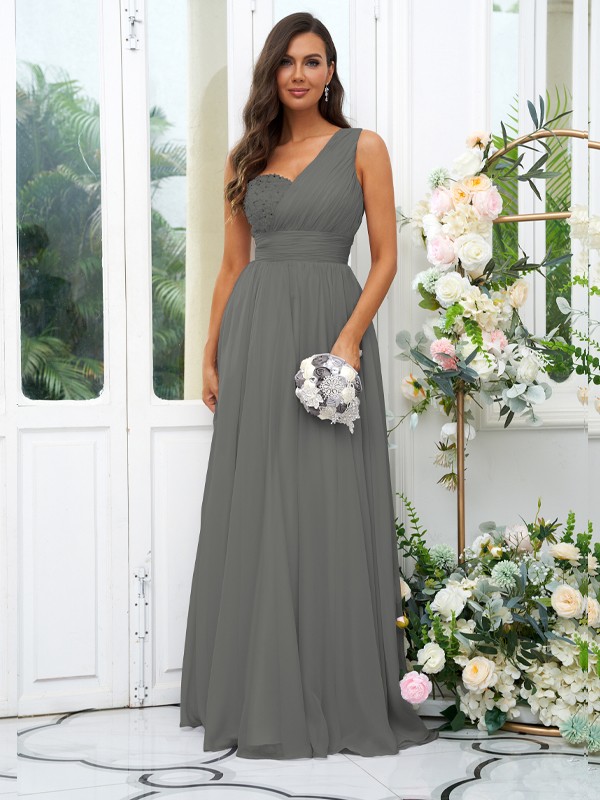 A-Line/Princess 30D Chiffon Sequin One-Shoulder Sleeveless Floor-Length Bridesmaid Dresses 2091