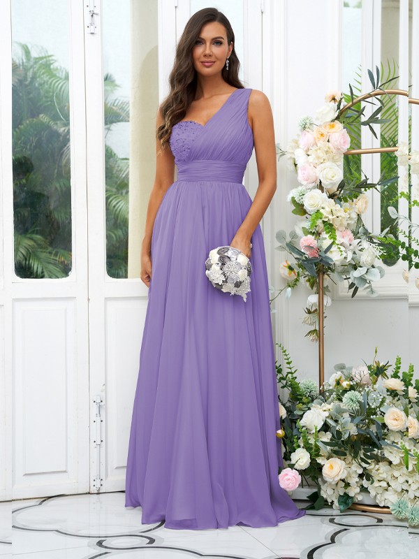 A-Line/Princess 30D Chiffon Sequin One-Shoulder Sleeveless Floor-Length Bridesmaid Dresses 2091