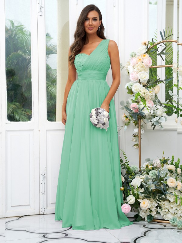 A-Line/Princess 30D Chiffon Sequin One-Shoulder Sleeveless Floor-Length Bridesmaid Dresses 2091