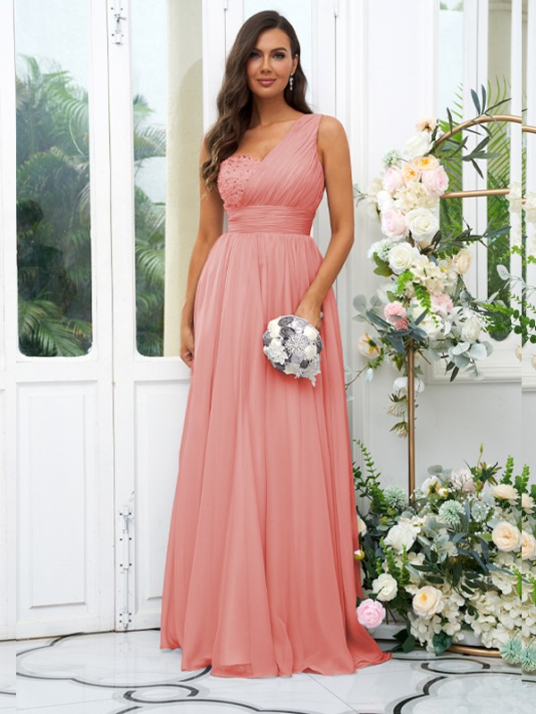 A-Line/Princess 30D Chiffon Sequin One-Shoulder Sleeveless Floor-Length Bridesmaid Dresses 2091