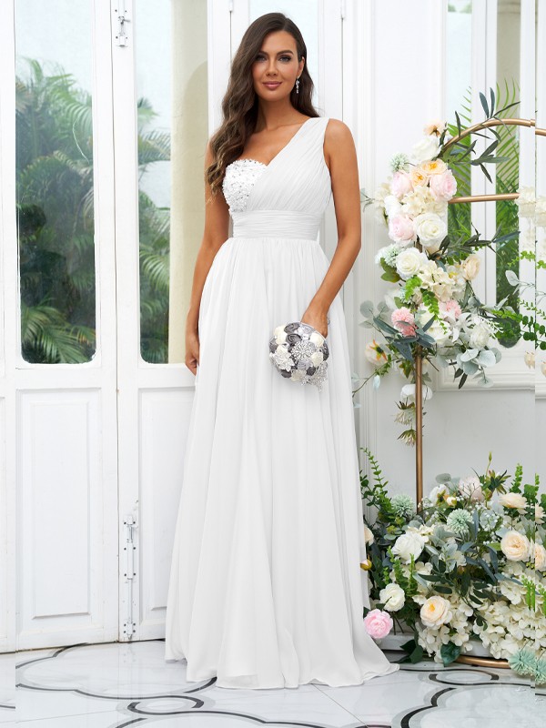 A-Line/Princess 30D Chiffon Sequin One-Shoulder Sleeveless Floor-Length Bridesmaid Dresses 2091