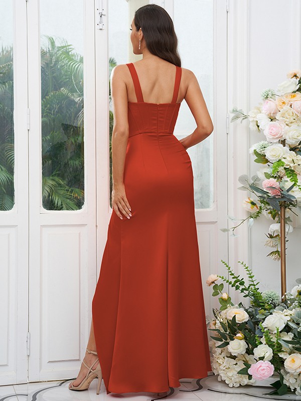 Sheath/Column Charmeuse Ruched V-neck Sleeveless Floor-Length Bridesmaid Dresses 2891