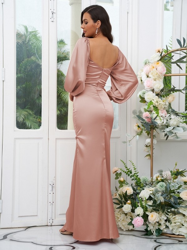 Sheath/Column Silk like Satin Ruched Off-the-Shoulder Long Sleeves Floor-Length Bridesmaid Dresses 3054