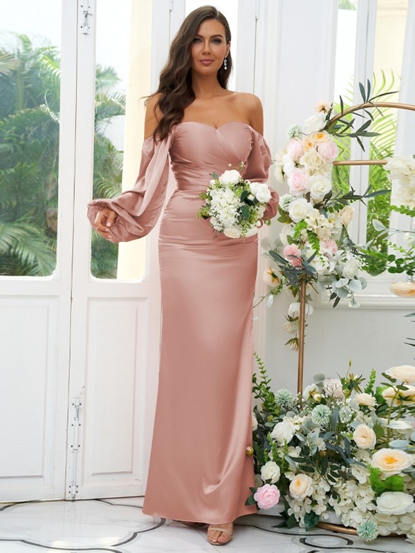 Sheath/Column Silk like Satin Ruched Off-the-Shoulder Long Sleeves Floor-Length Bridesmaid Dresses 3054