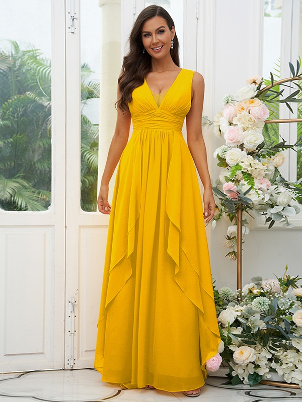 A-Line/Princess Chiffon Ruffles V-neck Sleeveless Floor-Length Bridesmaid Dresses 2240