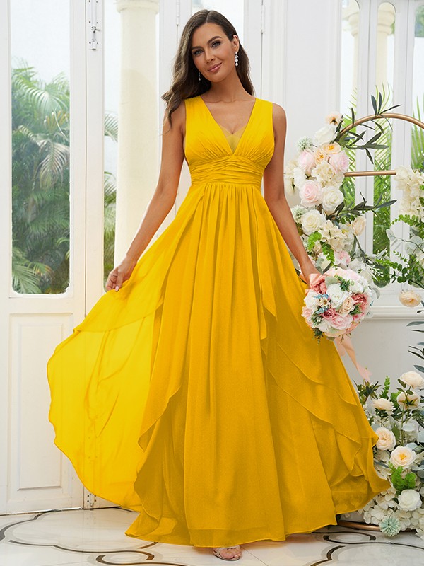 A-Line/Princess Chiffon Ruffles V-neck Sleeveless Floor-Length Bridesmaid Dresses 2240