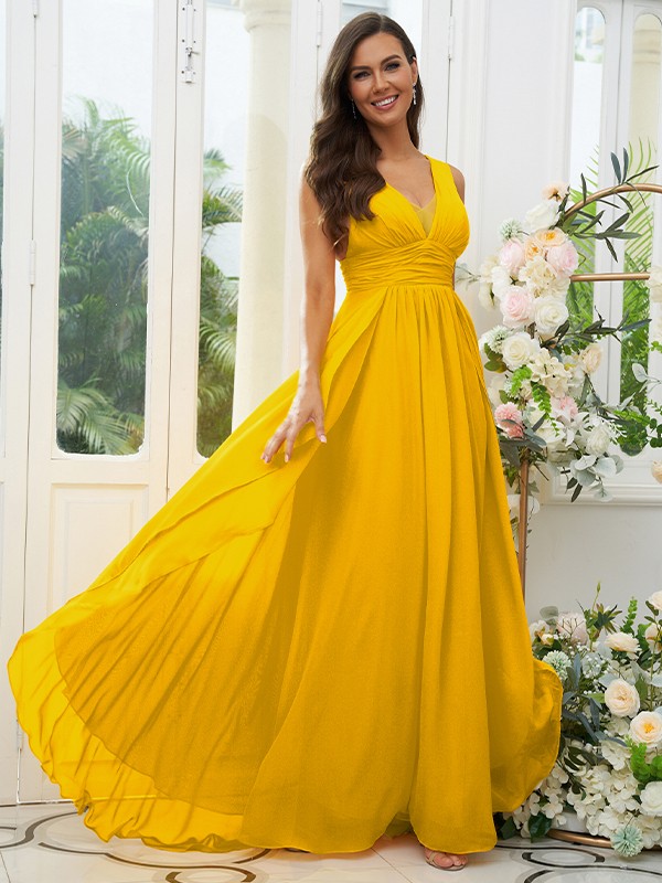 A-Line/Princess Chiffon Ruffles V-neck Sleeveless Floor-Length Bridesmaid Dresses 2240