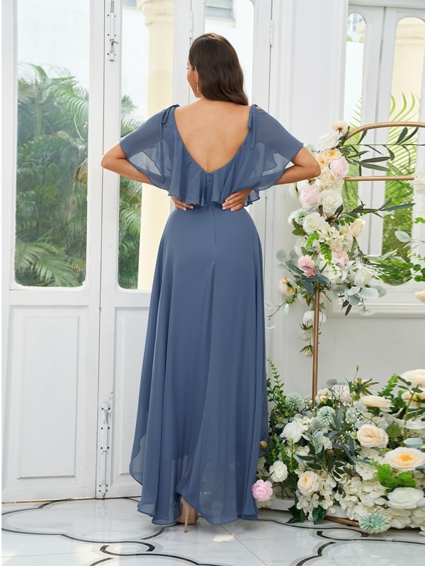 A-Line/Princess Chiffon Ruffles V-neck Short Sleeves Asymmetrical Bridesmaid Dresses 2222