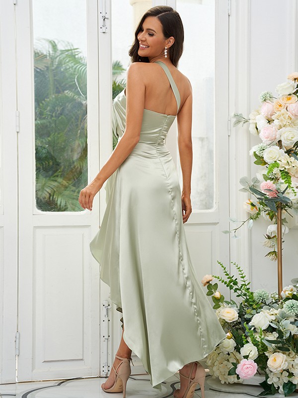 A-Line/Princess Silk like Satin Ruched One-Shoulder Sleeveless Tea-Length Bridesmaid Dresses 2471