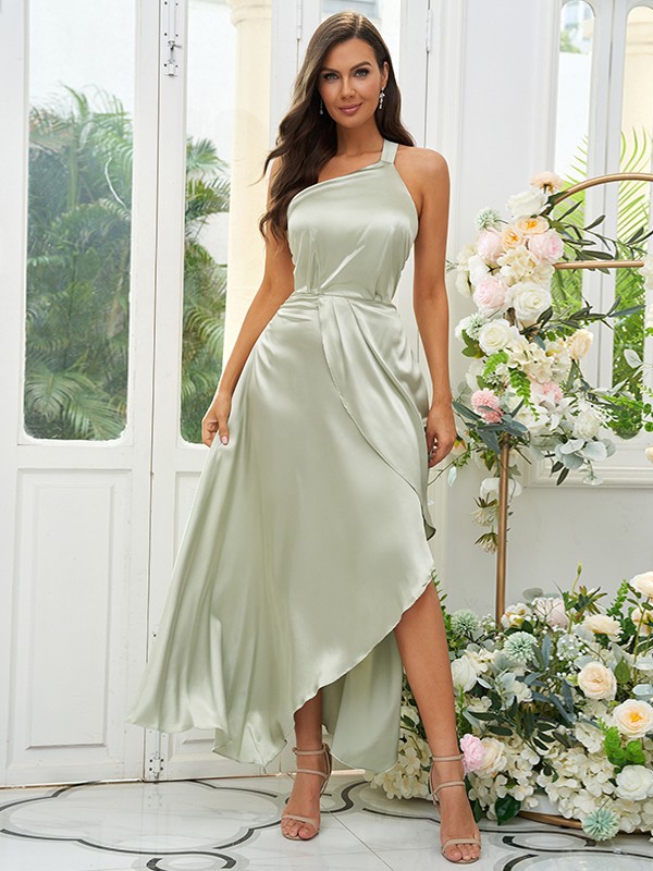 A-Line/Princess Silk like Satin Ruched One-Shoulder Sleeveless Tea-Length Bridesmaid Dresses 2471